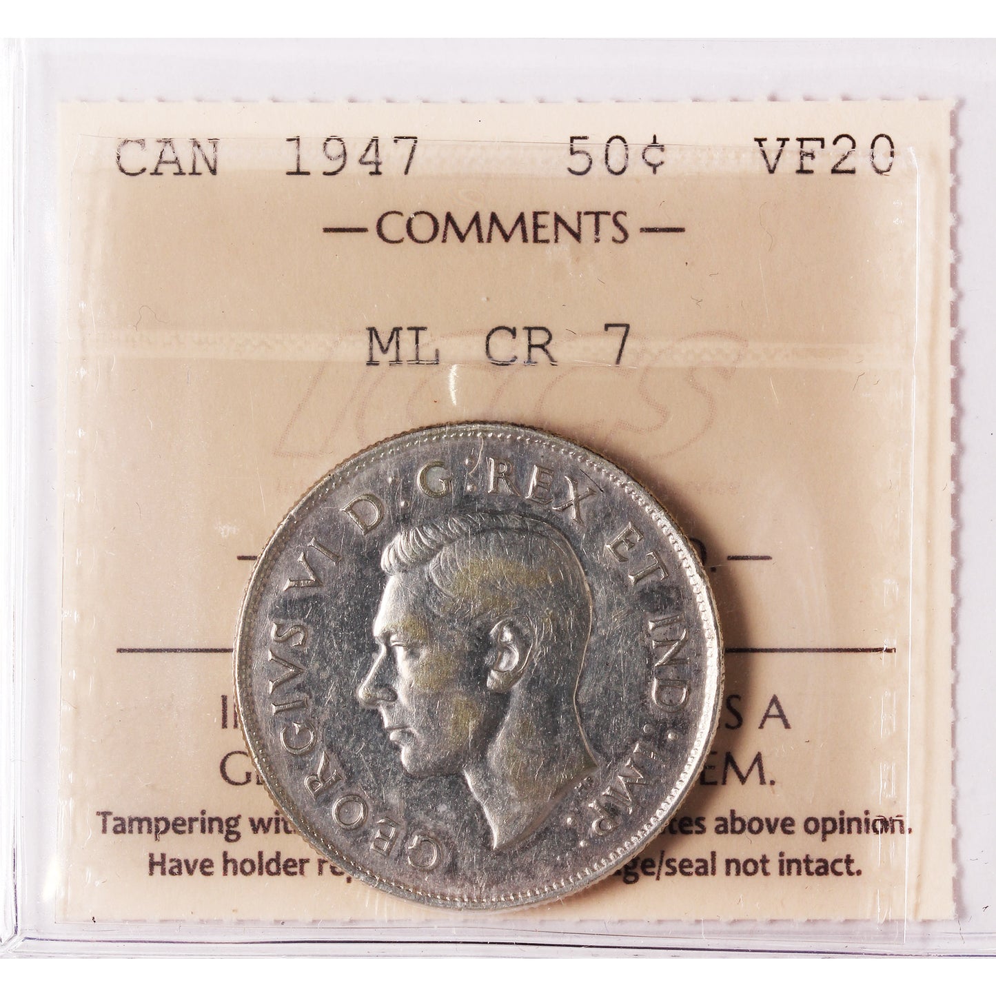 1947 Maple Leaf, Curved Right 7 Canada 50-cents ICCS Certified VF20