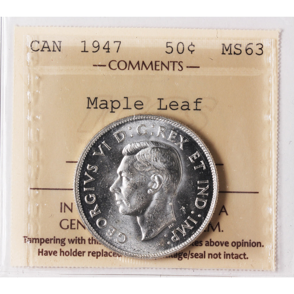 1947 Maple Leaf Canada 50-cents ICCS Certified MS63 (XSI 274)