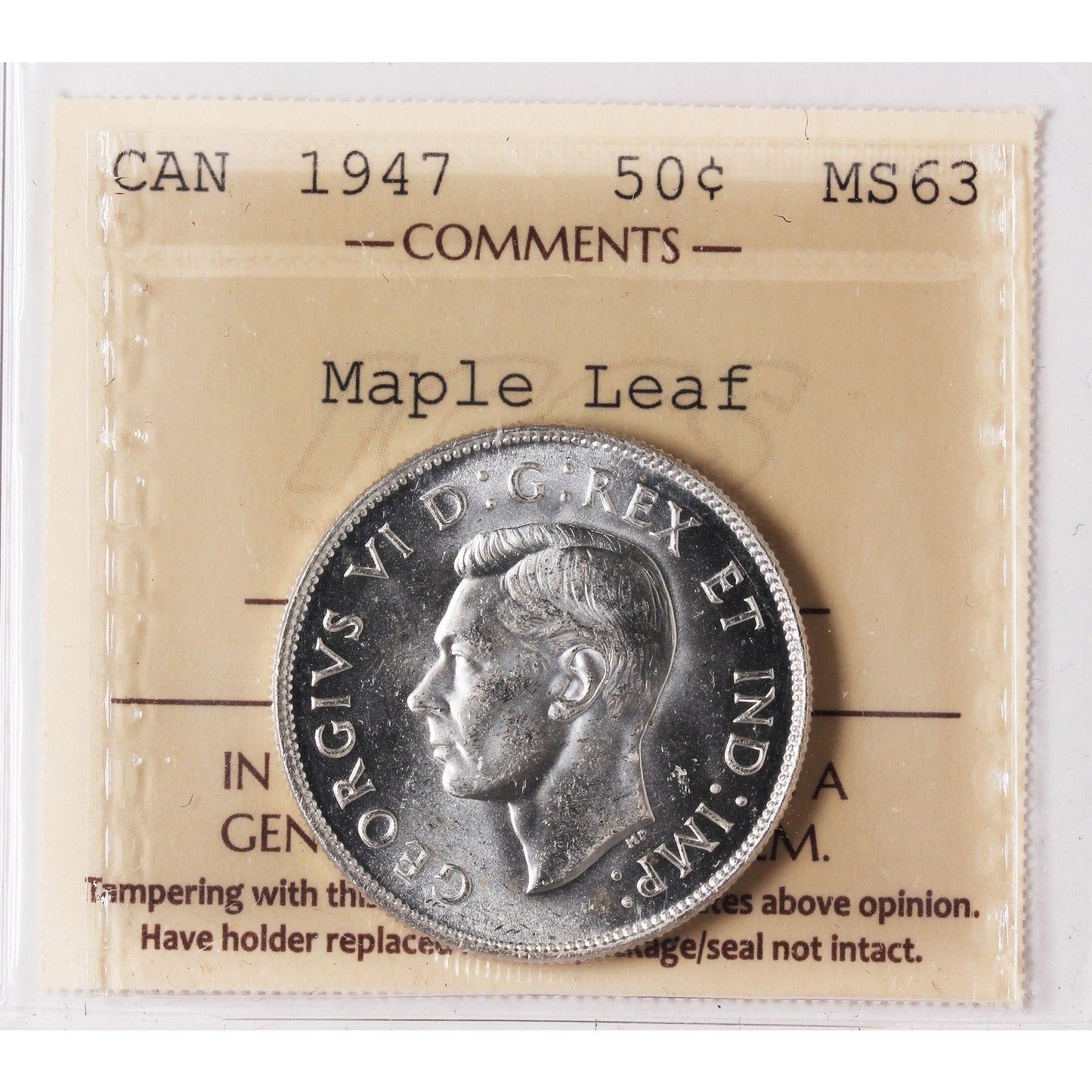 1947 Maple Leaf Canada 50-cents ICCS Certified MS63 (XSI 274)