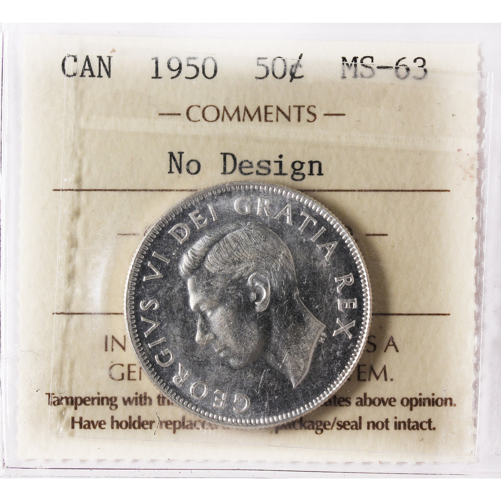 1950 No Design Canada 50-cents ICCS Certified MS63 (XAY 922)