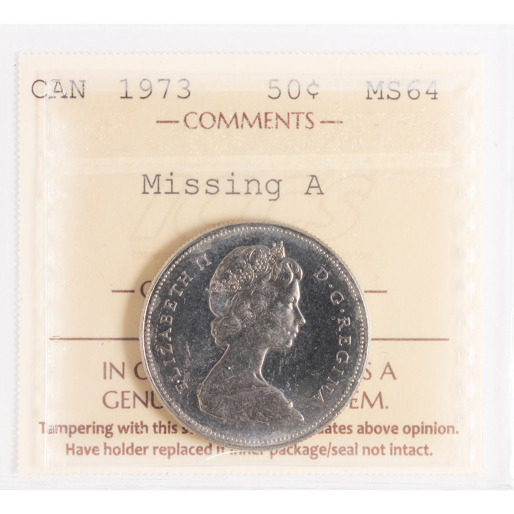 1973 Missing A Canada 50-cents ICCS Certified MS64