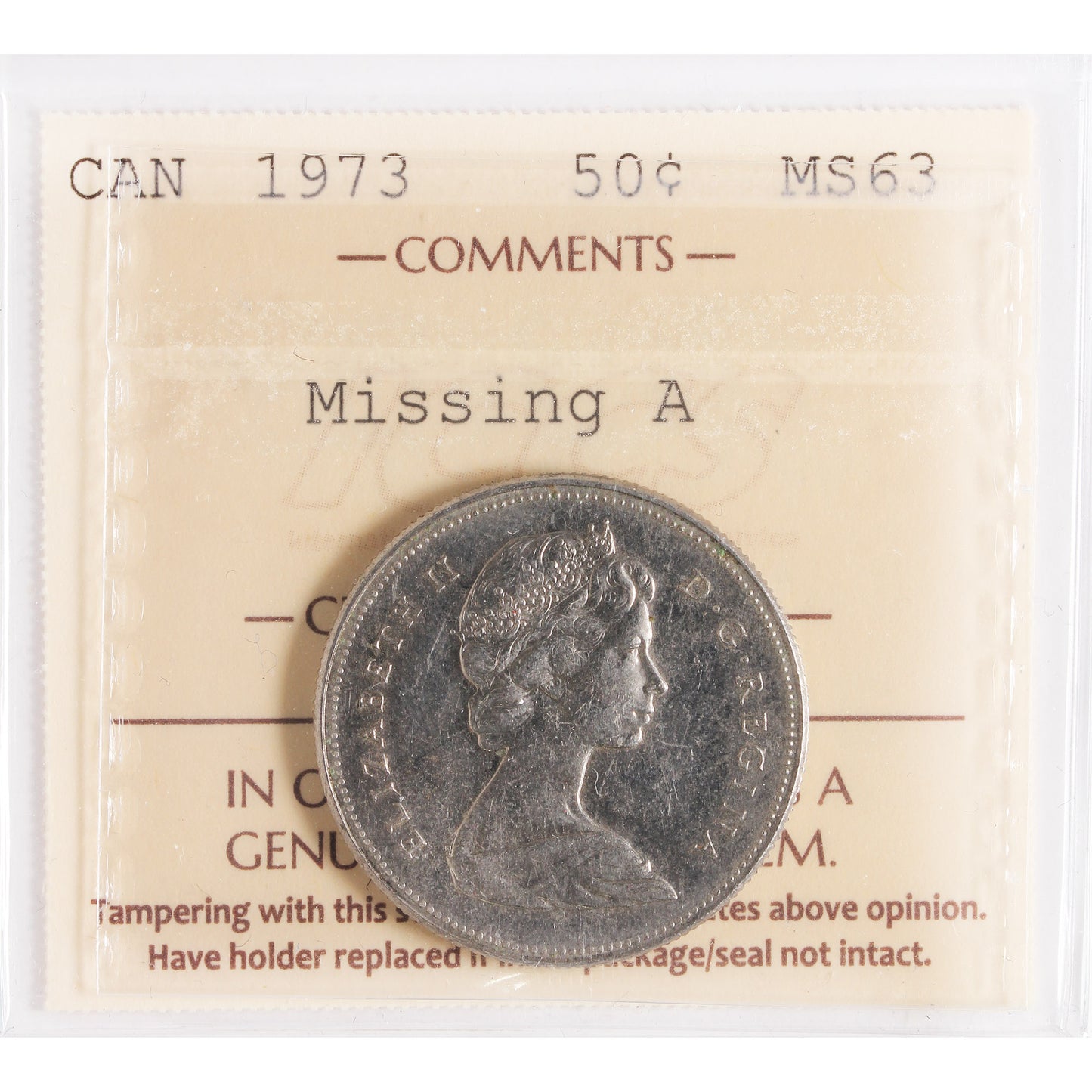 1973 Missing A Canada 50-cents ICCS Certified MS63
