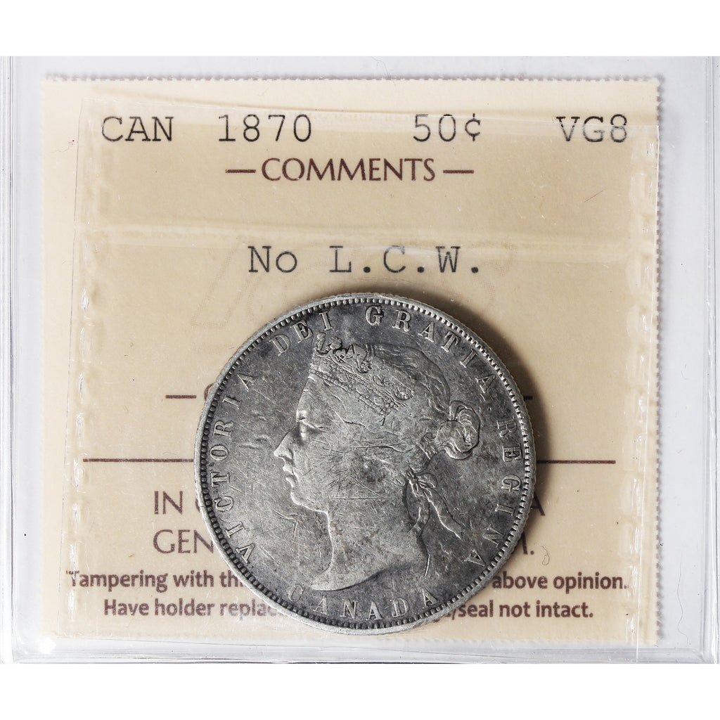 1870 No LCW Canada 50-cents ICCS Certified VG8