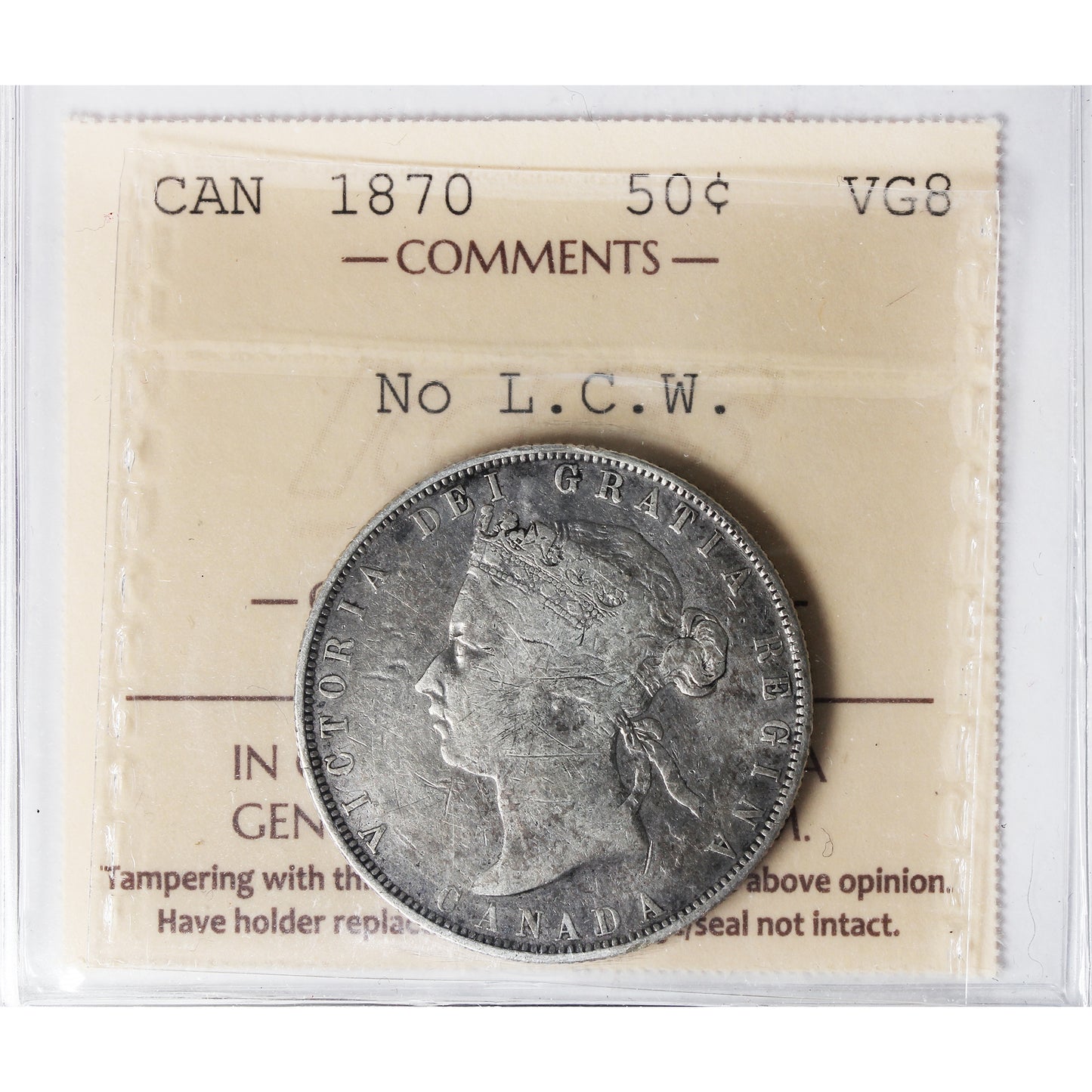 1870 No LCW Canada 50-cents ICCS Certified VG8