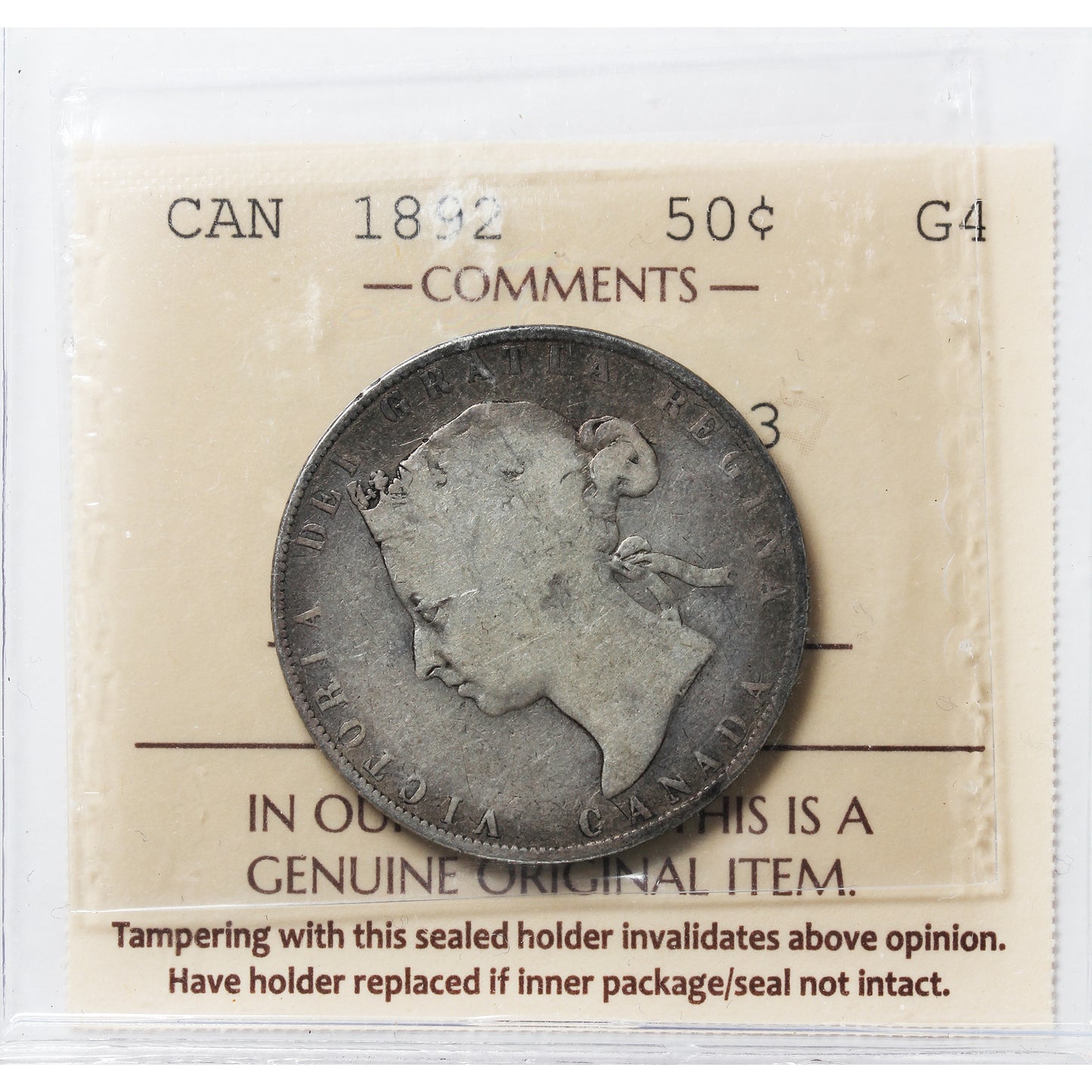 1892 Obv. 3 Canada 50-cents ICCS Certified G4