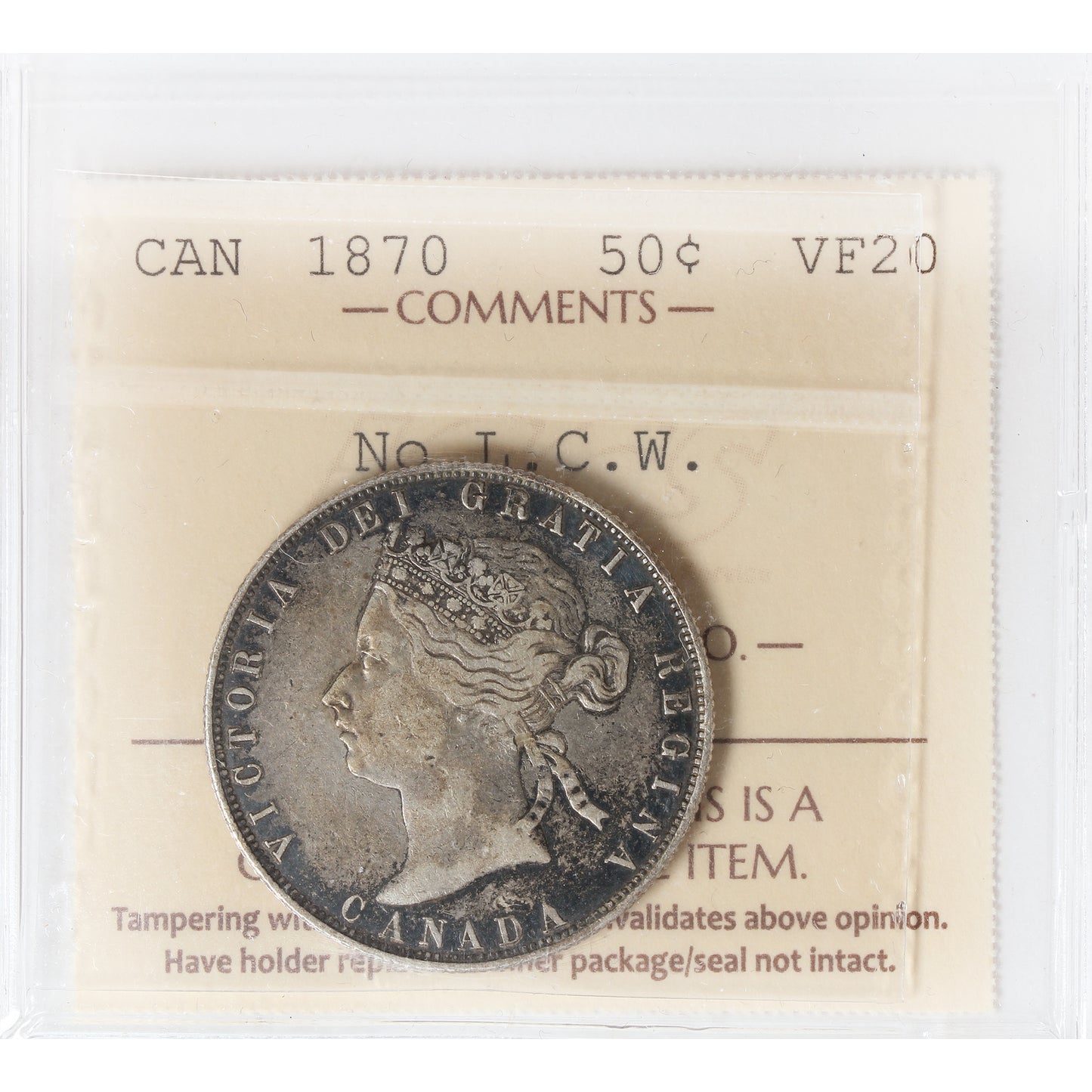 1870 No LCW Canada 50-cents ICCS Cerfified VF20