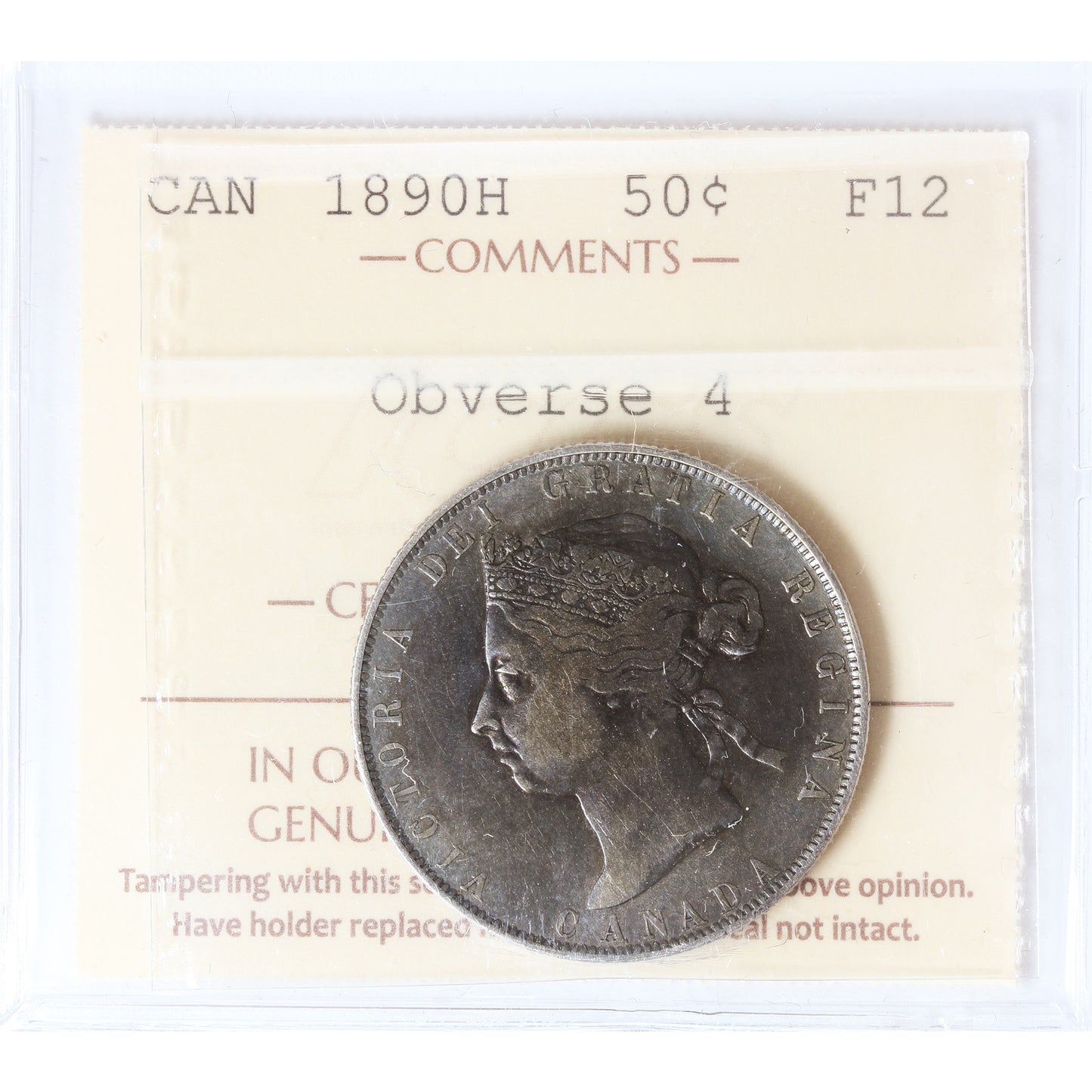 1890H Obv. 4 Canada 50-cents ICCS Certified F12