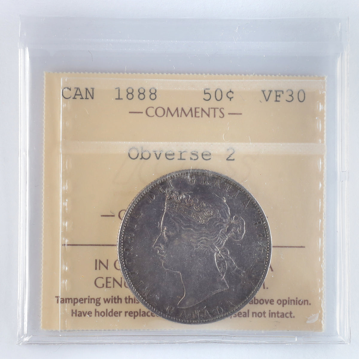 1888 Obv. 2 Canada 50-cents ICCS Certified VF30