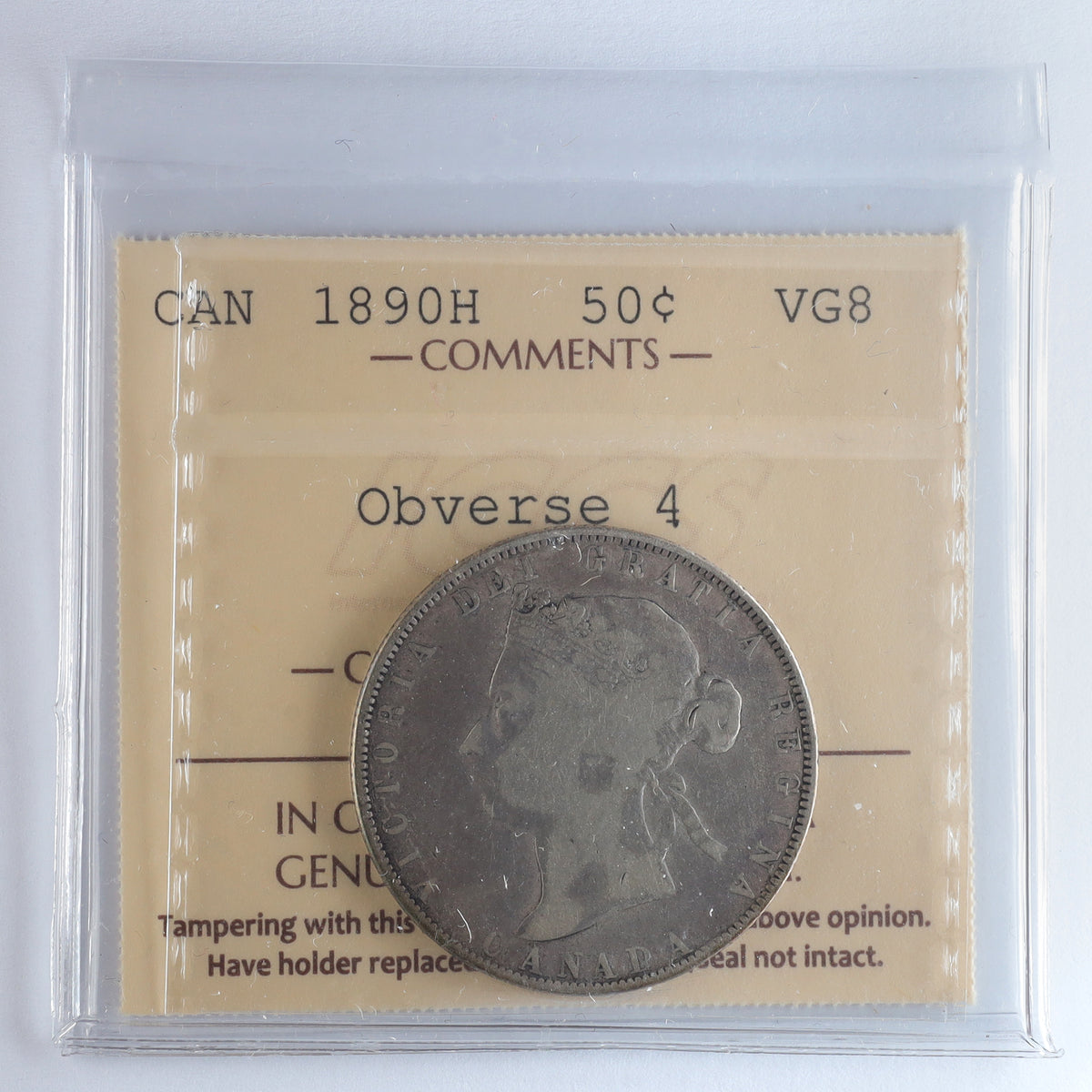 1890H Obv. 4 Canada 50-cents ICCS Certified VG8