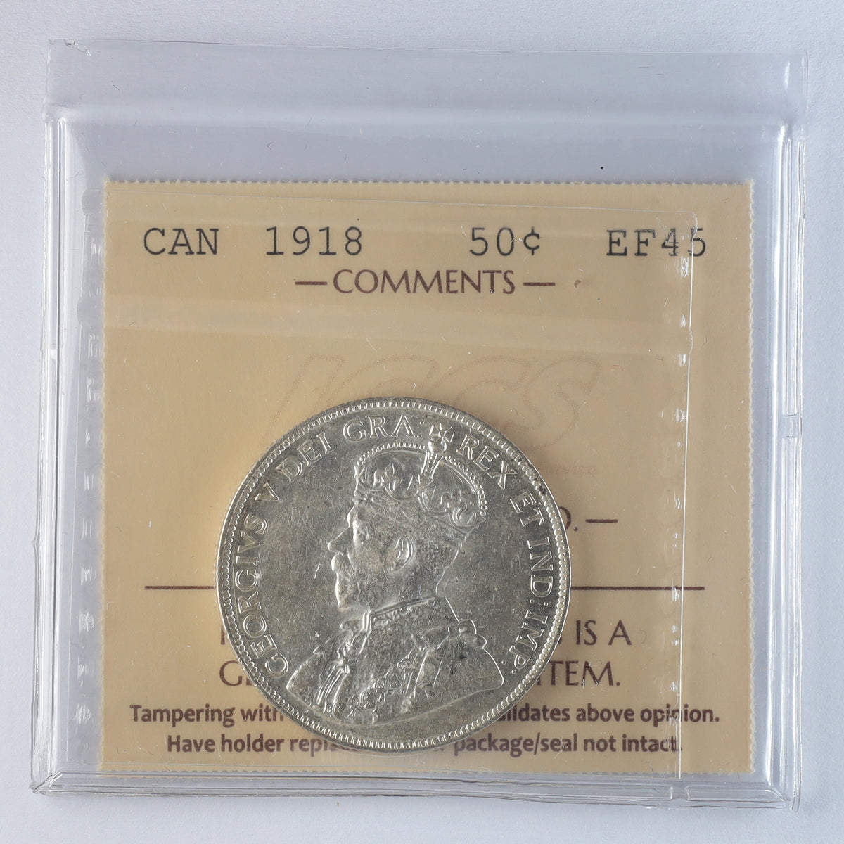 1918 Canada 50-cents ICCS Certified EF45