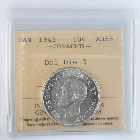 1943 Double Die 3 Canada 50-cents ICCS Certified AU55