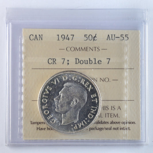 1947 Curved Right 7, Double 7 Canada 50-cents ICCS Certified AU55