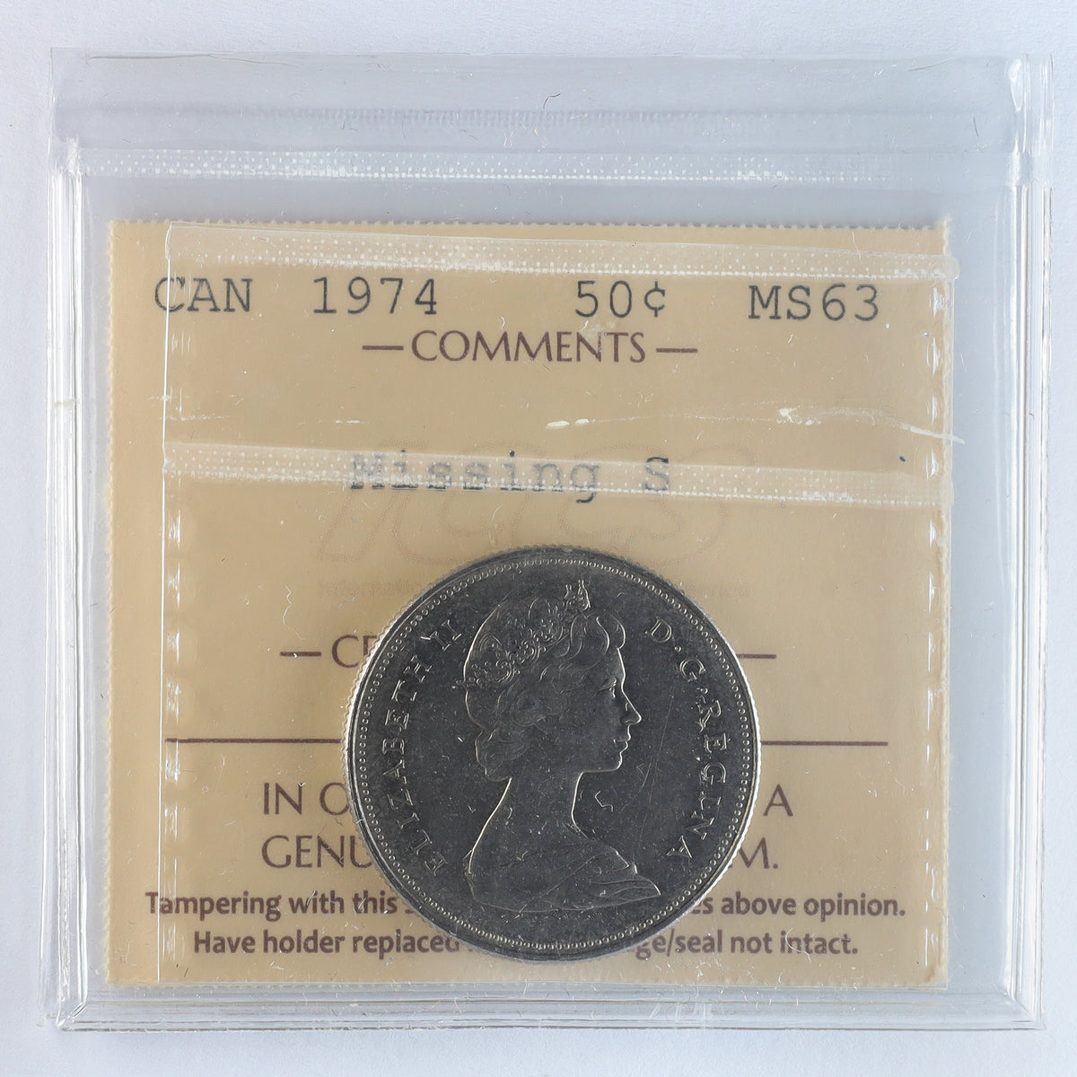 1974 Missing S Canada 50-cents ICCS Certified MS63