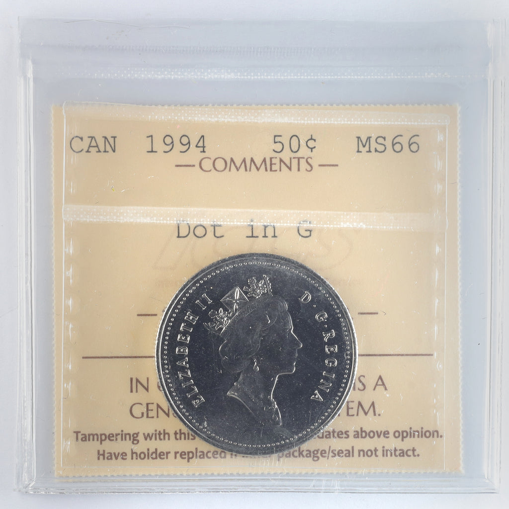 1994 Dot in G Canada 50-cents ICCS Certified MS66