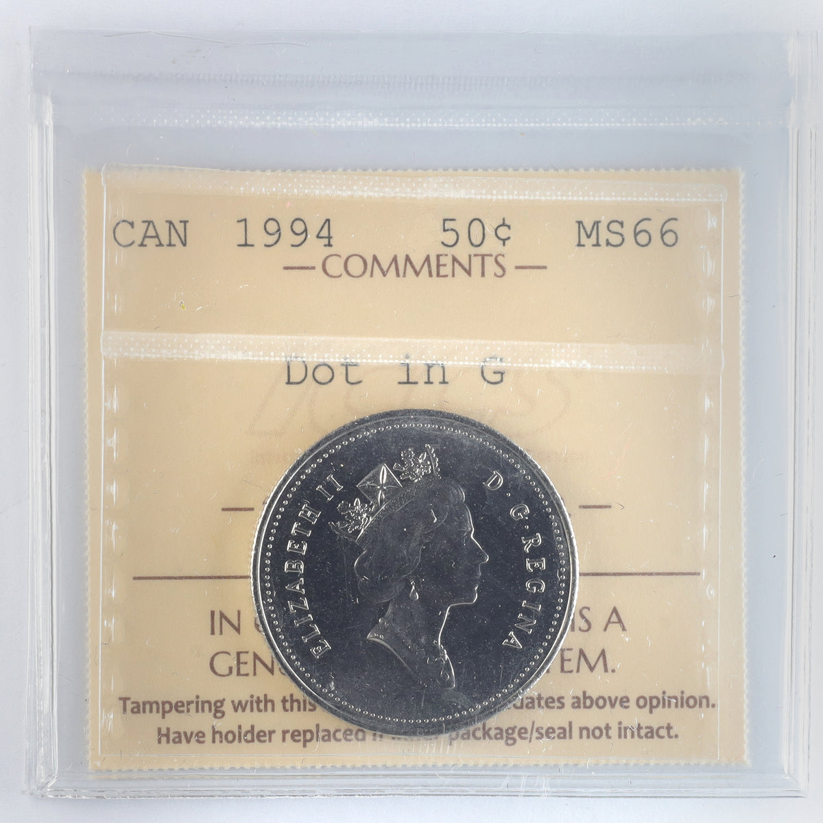 1994 Dot in G Canada 50-cents ICCS Certified MS66