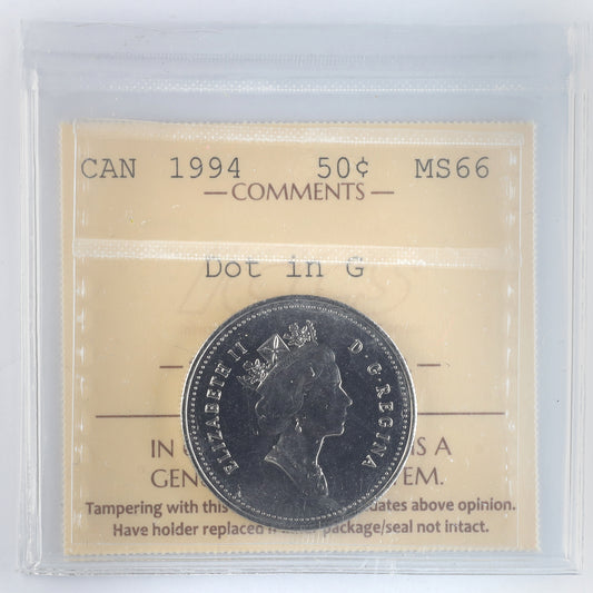 1994 Dot in G Canada 50-cents ICCS Certified MS66