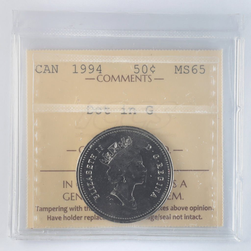 1994 Dot in G Canada 50-cents ICCS Certified MS65