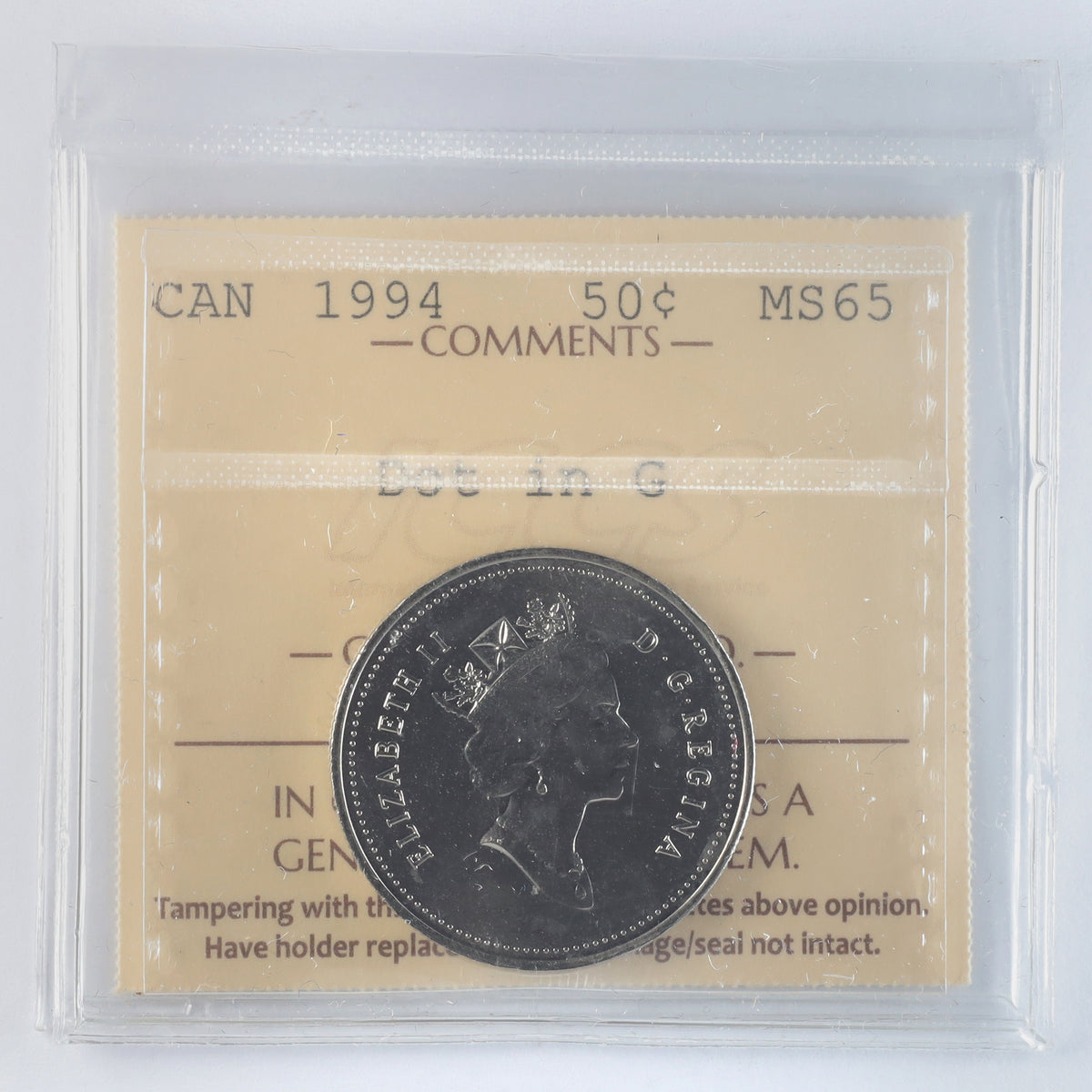 1994 Dot in G Canada 50-cents ICCS Certified MS65
