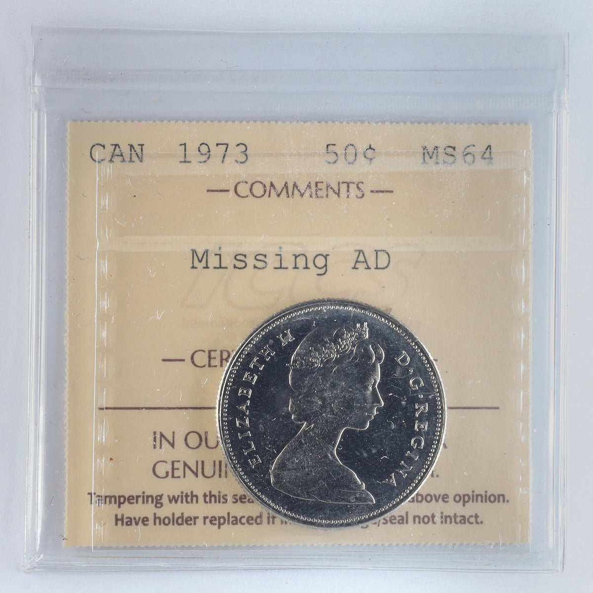 1973 Missing AD Canada 50-cents ICCS Certified MS64
