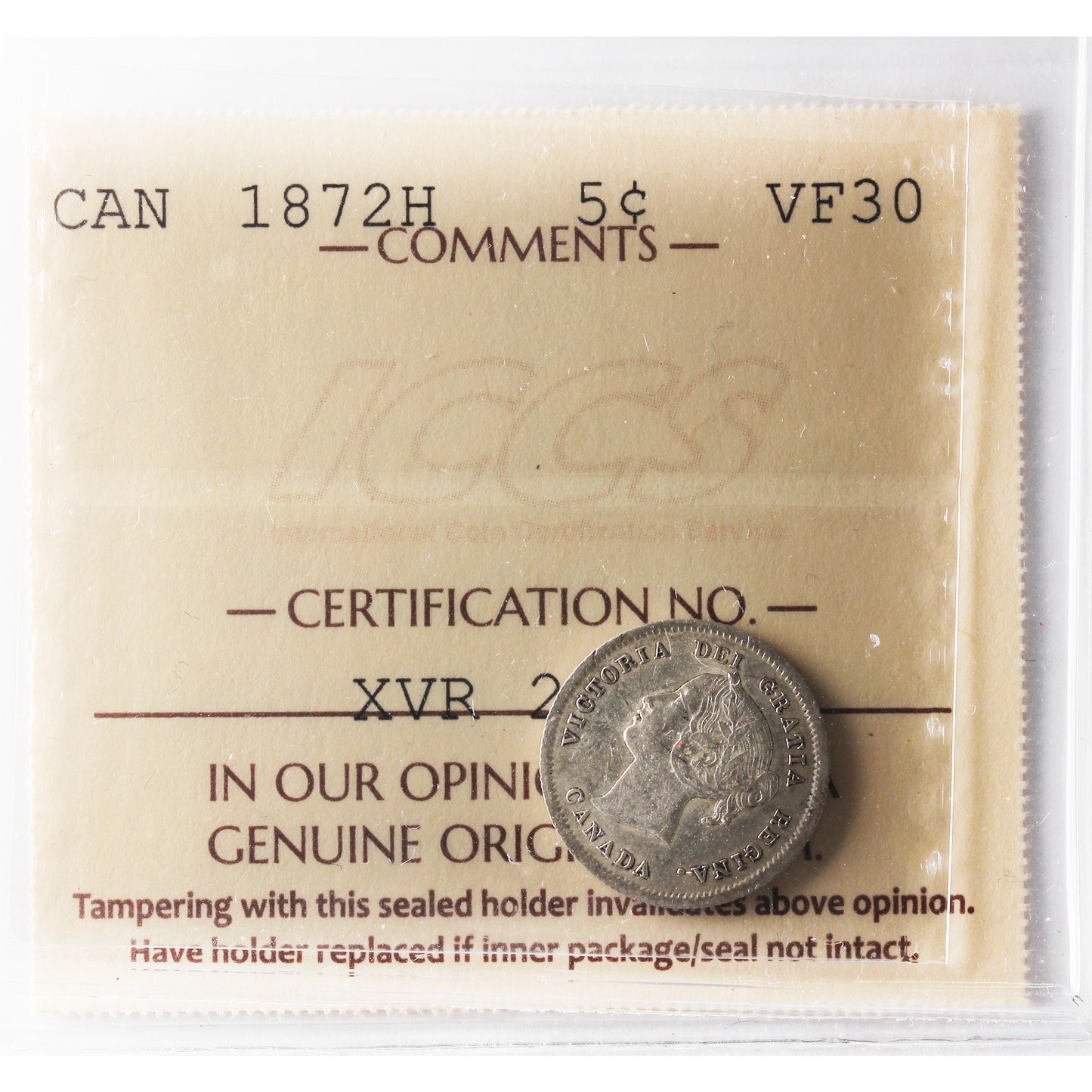 1872H Canada 5-cents ICCS Certified VF30