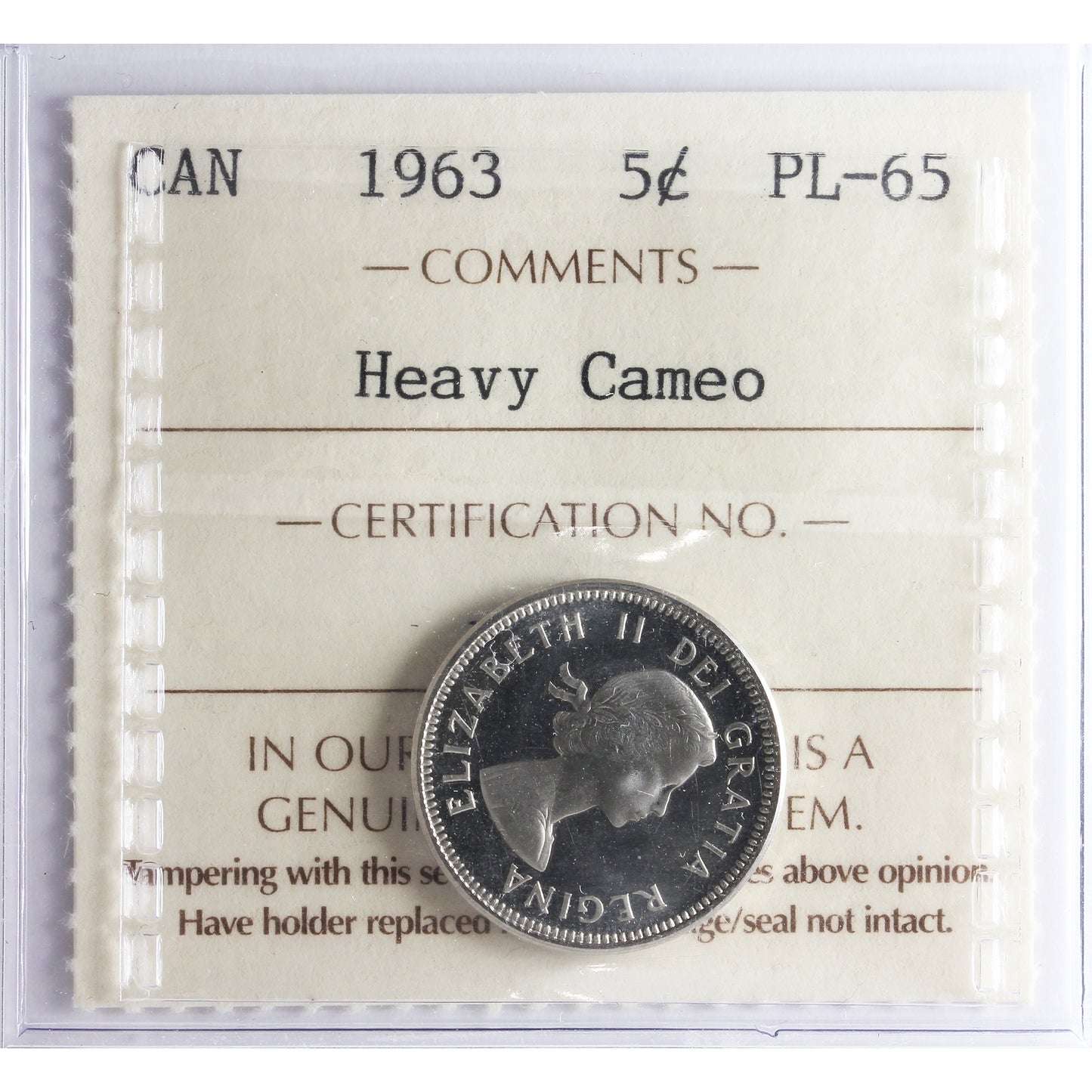 1963 Canada 5-cents ICCS Certified PL65 Heavy Cameo