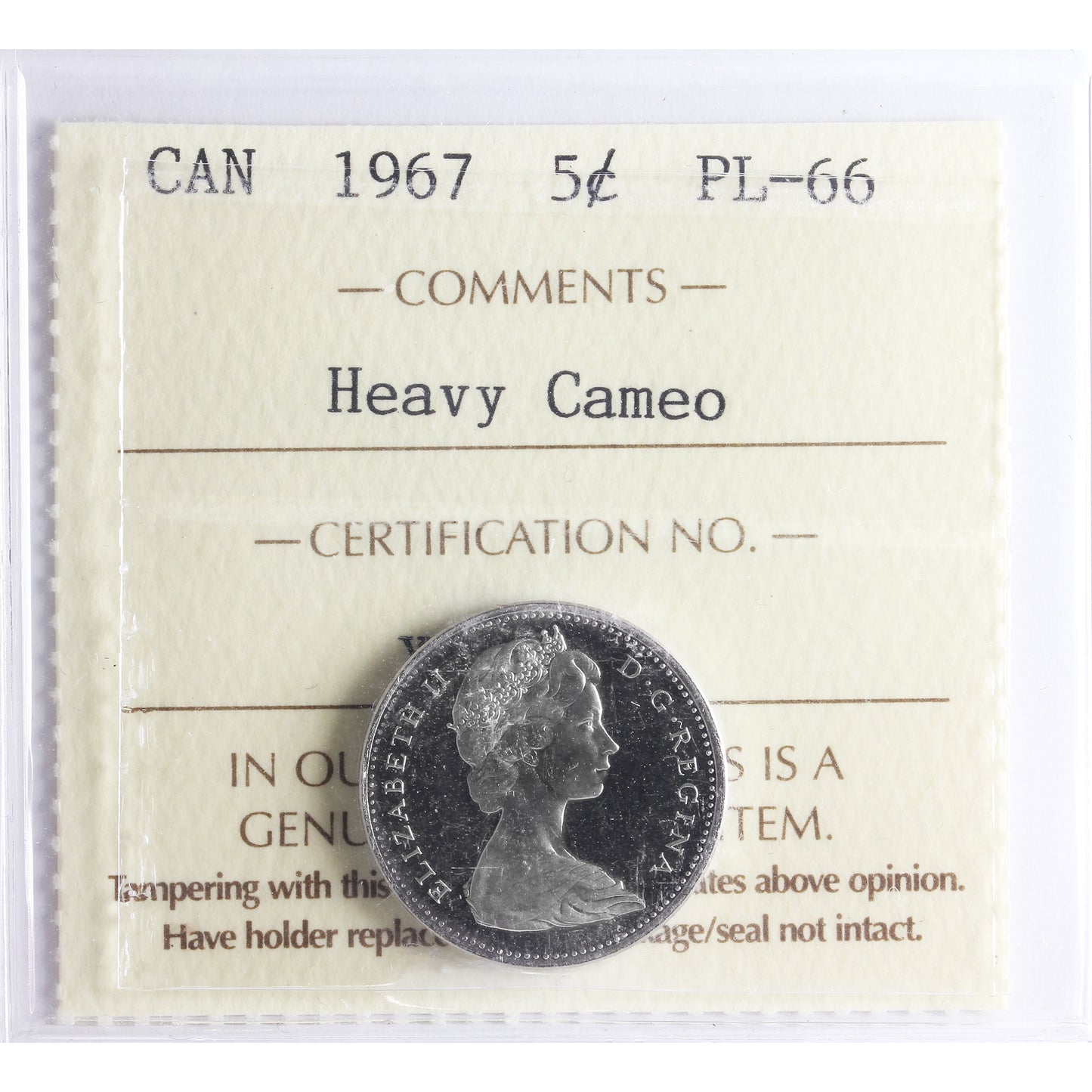 1967 Canada 5-cents ICCS Certified PL66 Heavy Cameo
