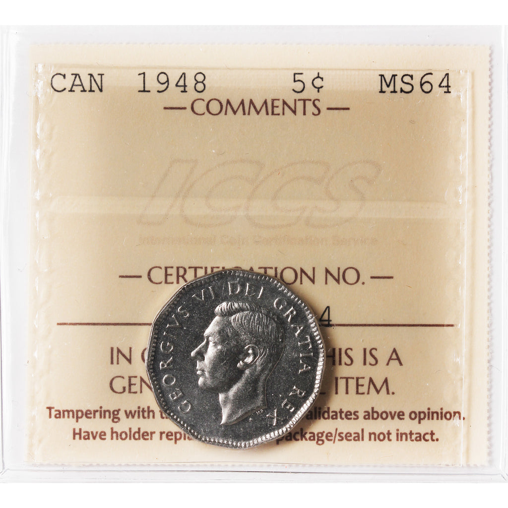 1948 Canada 5-cents ICCS Certified MS64