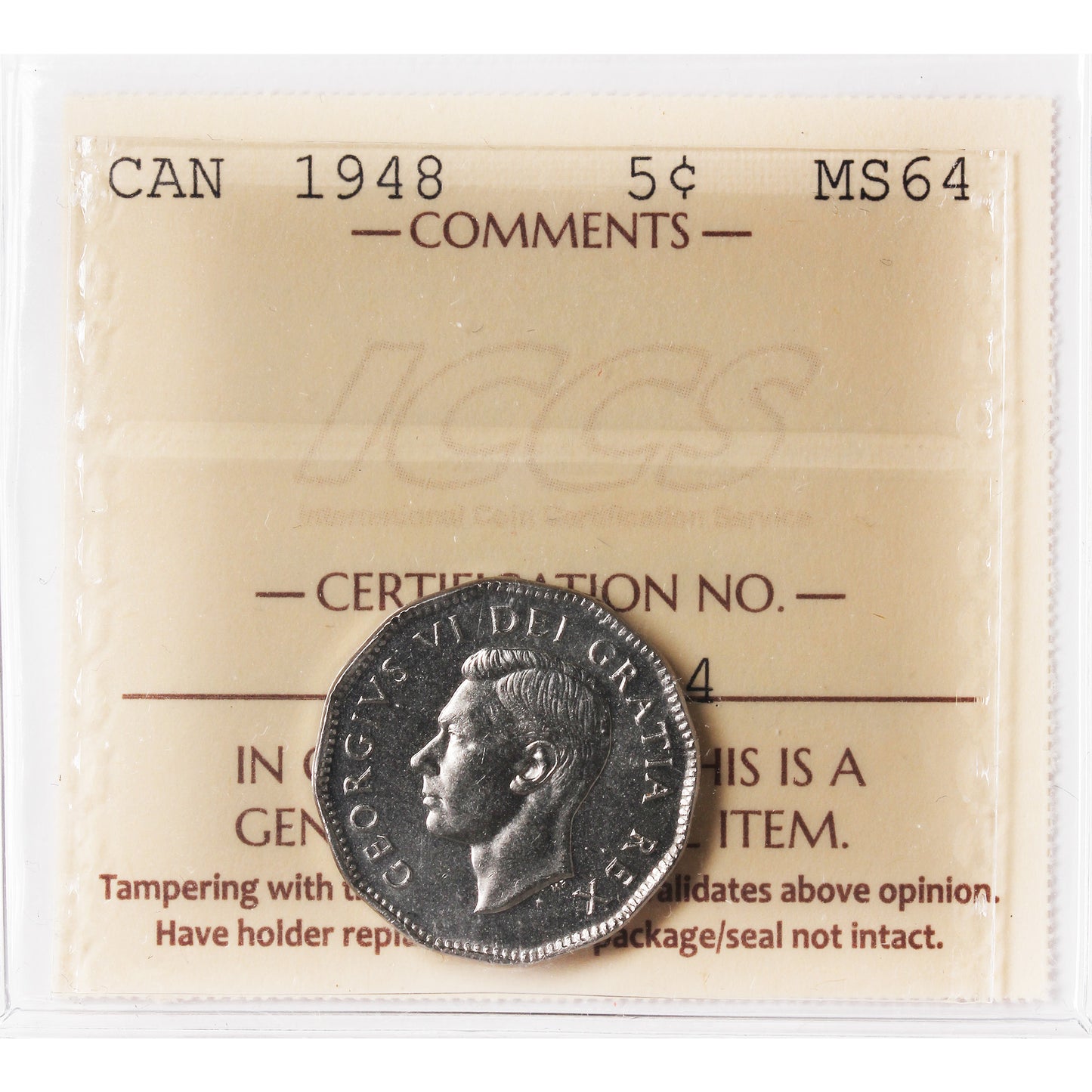 1948 Canada 5-cents ICCS Certified MS64