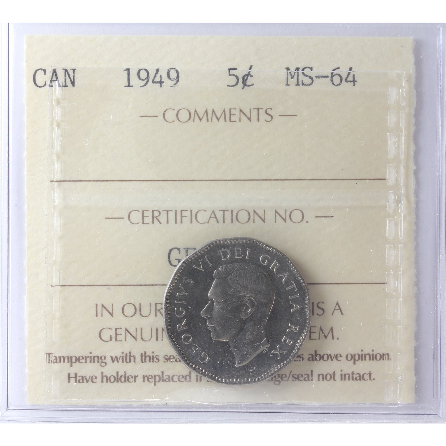 1949 Canada 5-cents ICCS Certified MS64