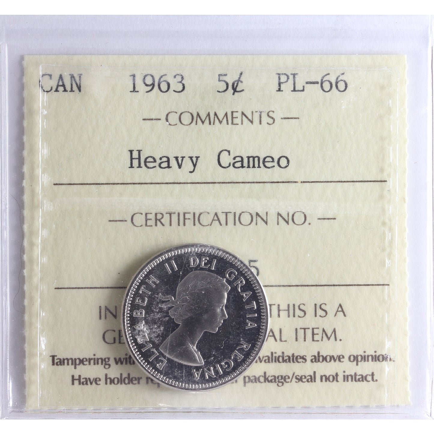 1963 Canada 5-cents ICCS Certified PL66 Heavy Cameo