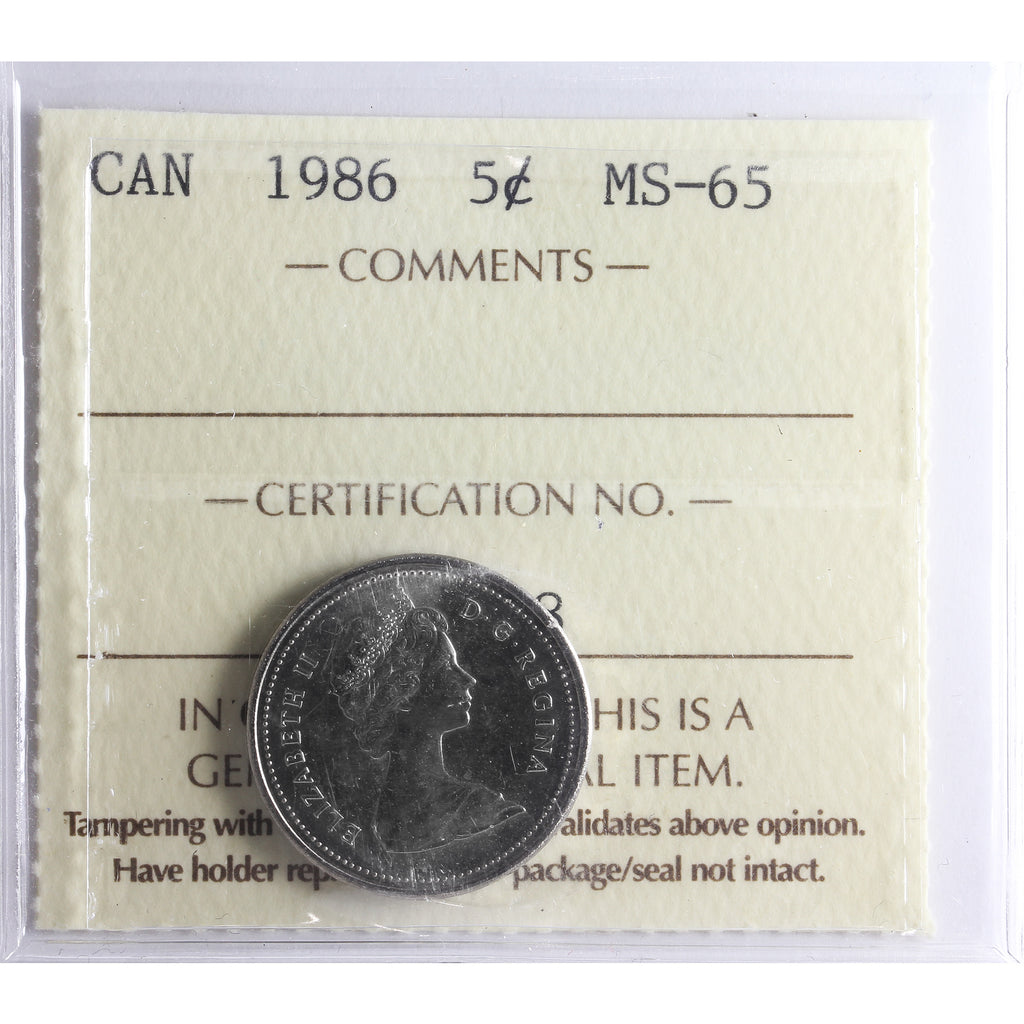 1986 Canada 5-cents ICCS Certified MS65