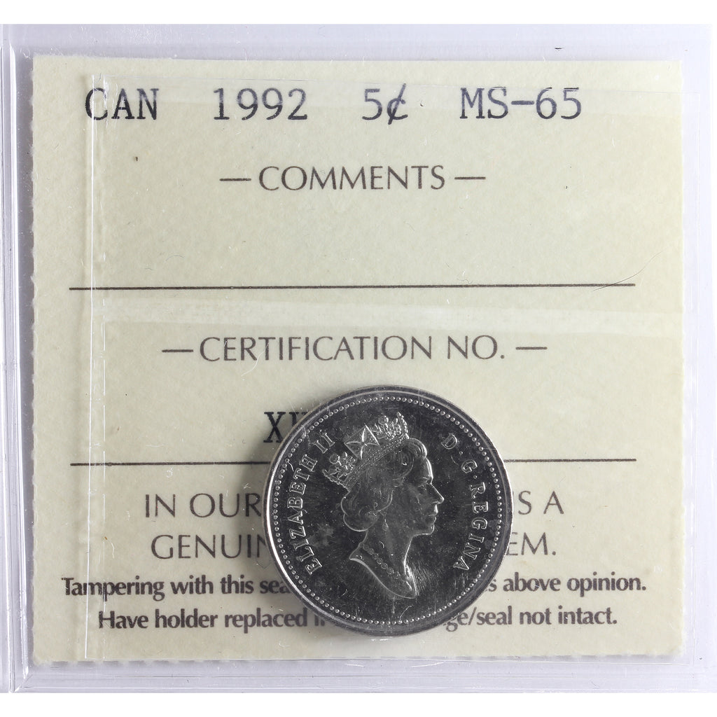 1992 Canada 5-cents ICCS Certified MS65