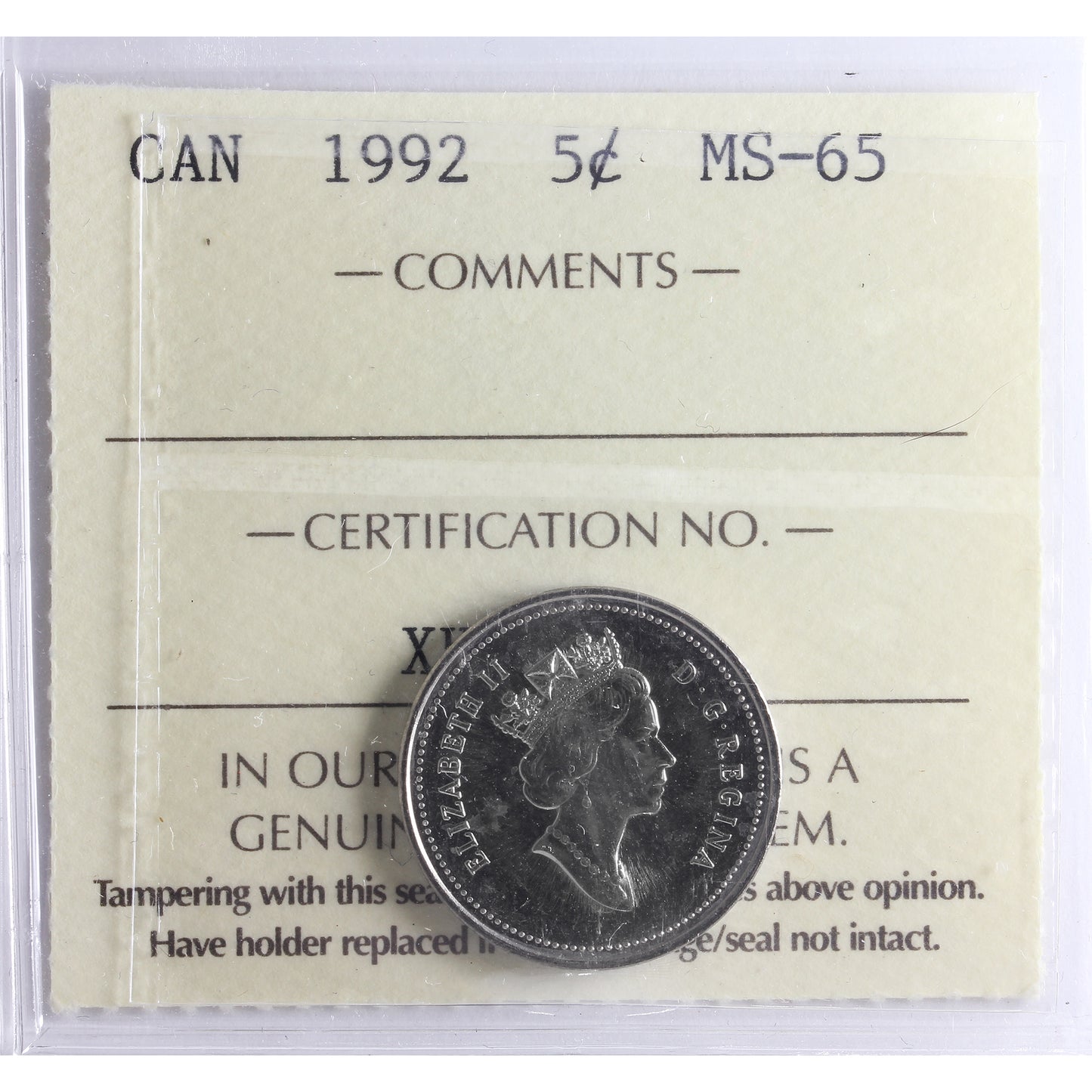 1992 Canada 5-cents ICCS Certified MS65