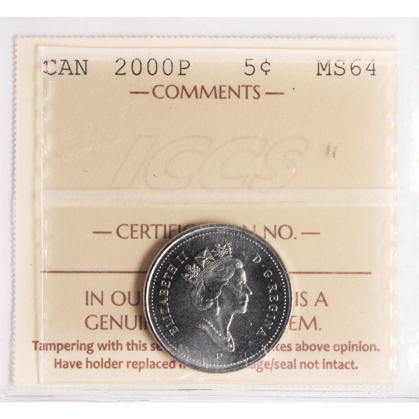 2000P Canada 5-cents ICCS Certified MS64