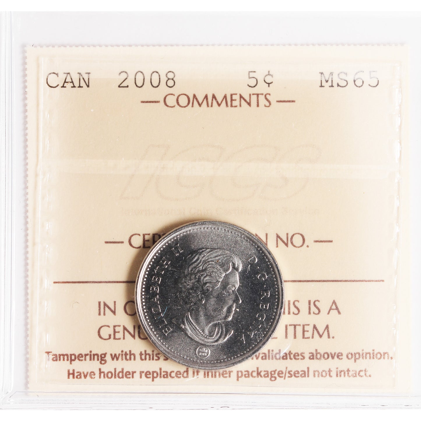 2008 Canada 5-cents ICCS Certified MS65