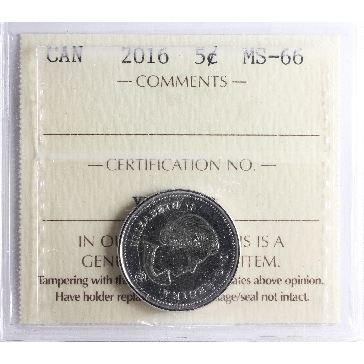 2016 Canada 5-cents ICCS Certified MS66