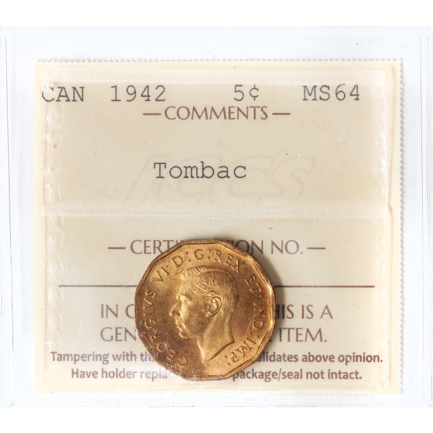 1942 Tombac Canada 5-cents ICCS Certified MS64