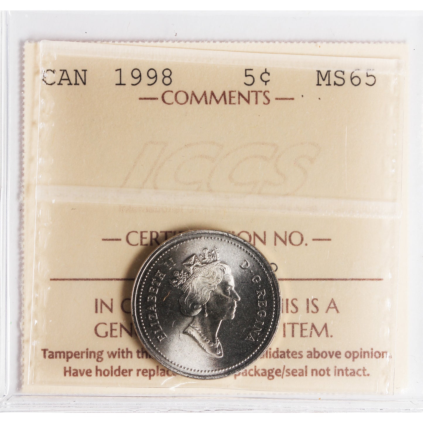 1998 Canada 5-cents ICCS Certified MS65