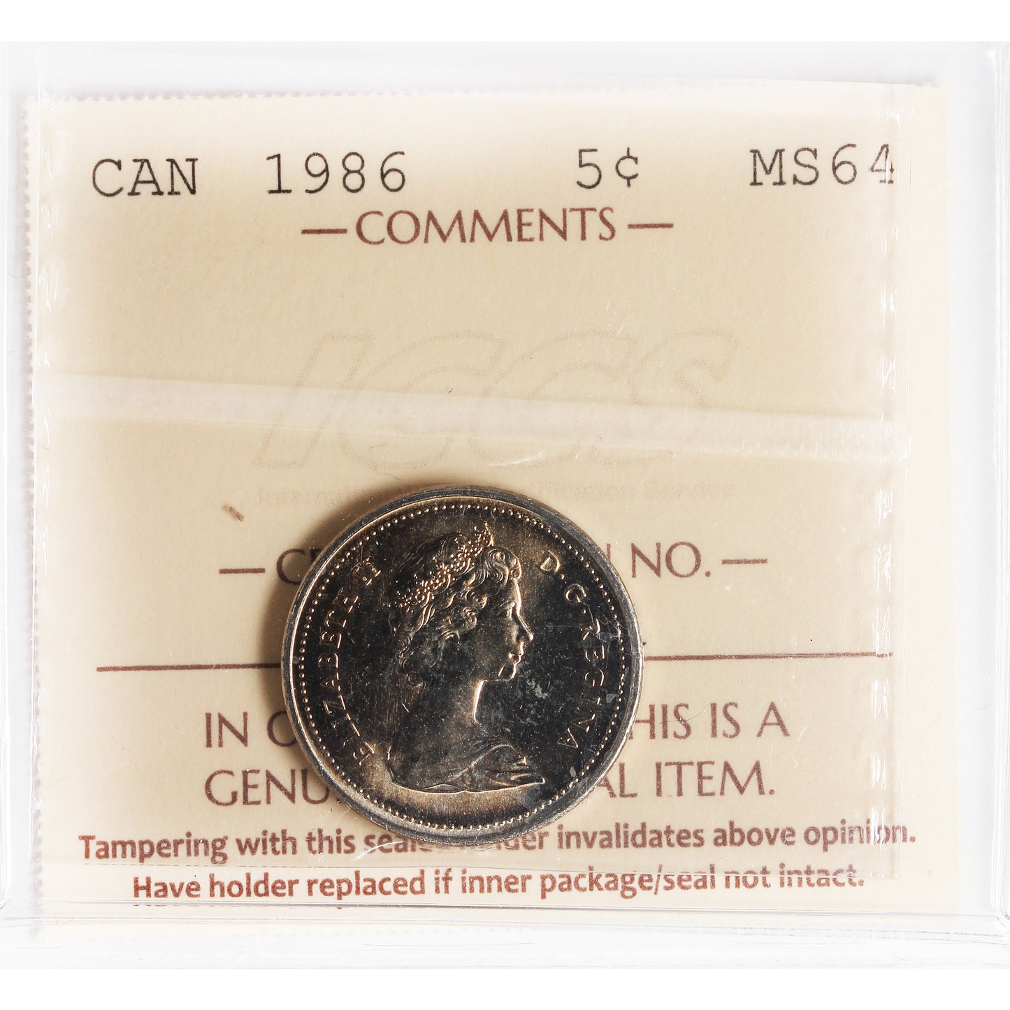 1986 Canada 5-cents ICCS Certified MS64