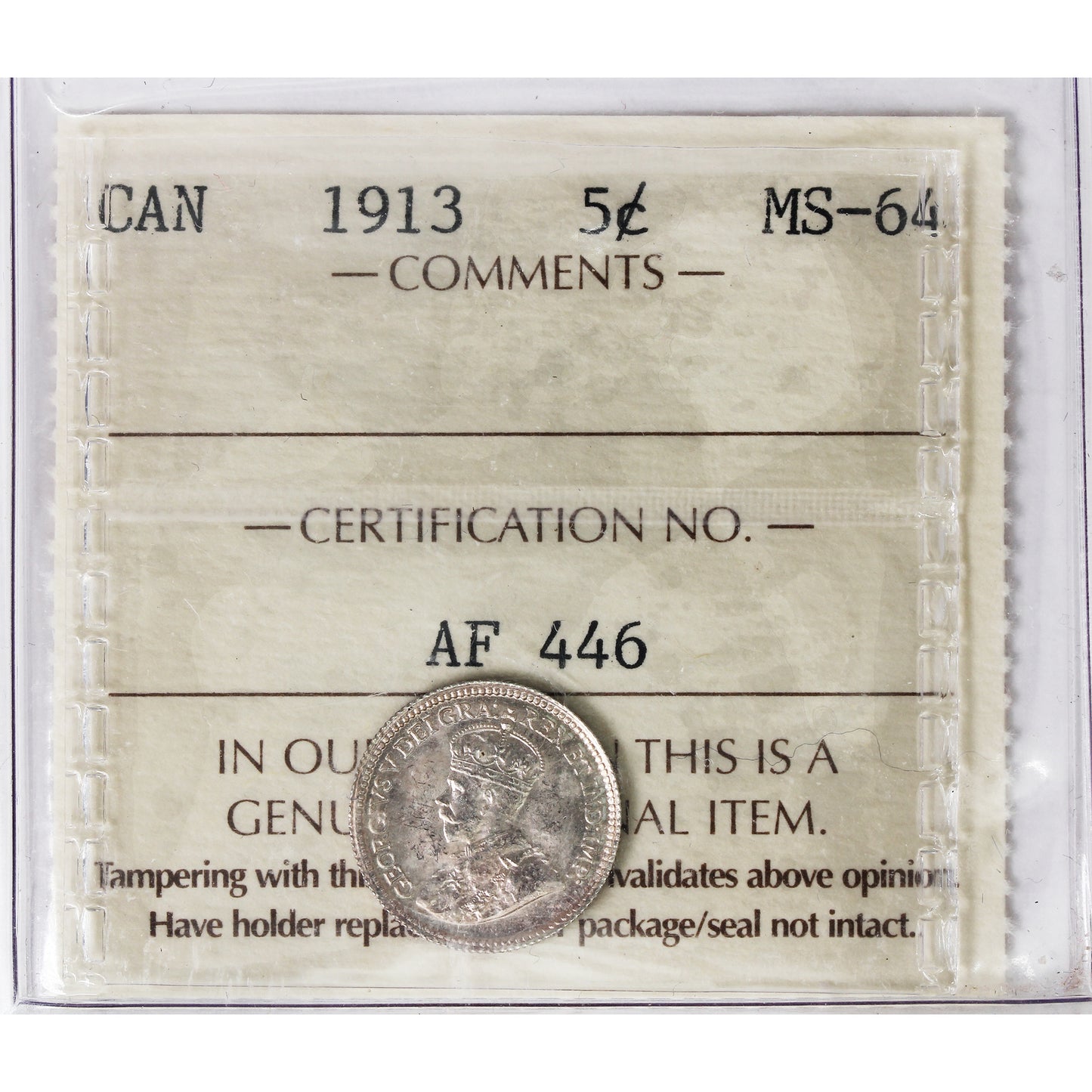 1913 Canada 5-cents ICCS Certified MS64