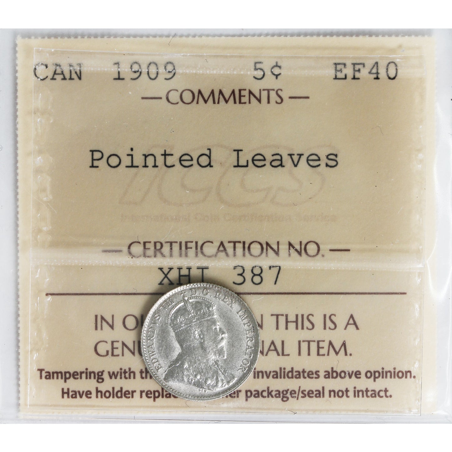 1909 Pointed Leaves Canada 5-cents ICCS Certiifed EF40