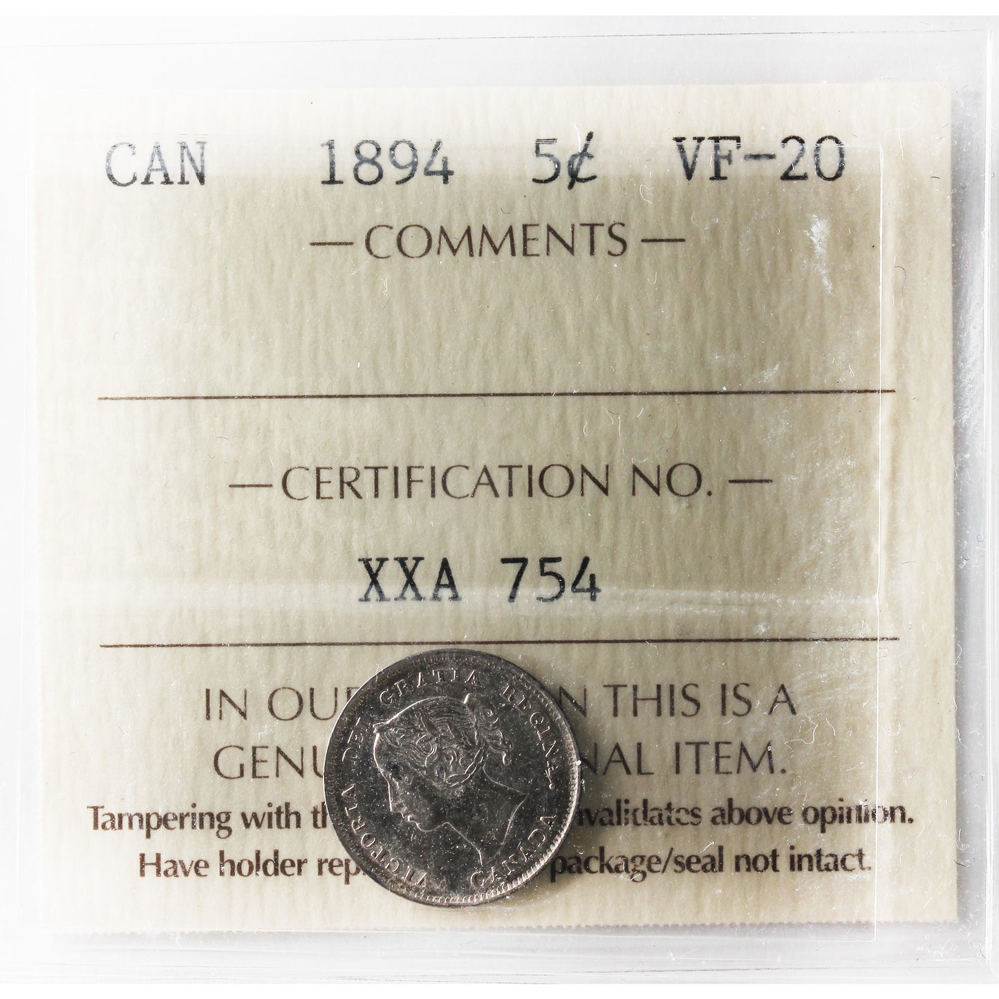 1894 Canada 5-cents ICCS Certified VF20