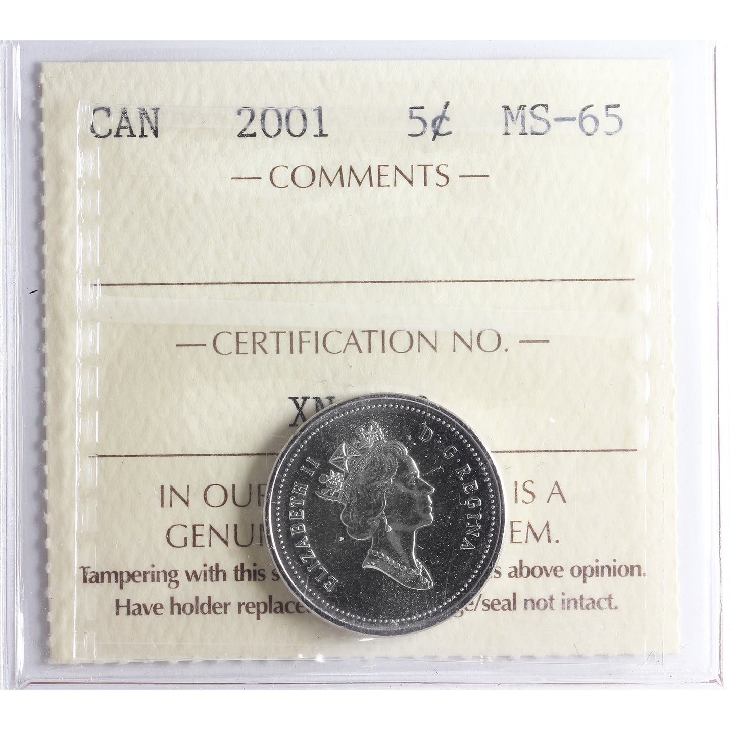 2001 Canada 5-cents ICCS Certified MS65