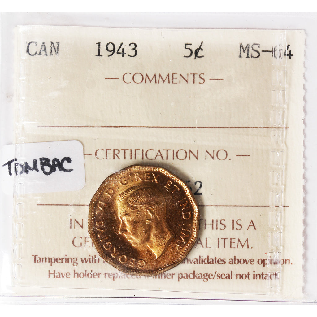 1943 Tombac Canada 5-cents ICCS Certified MS64