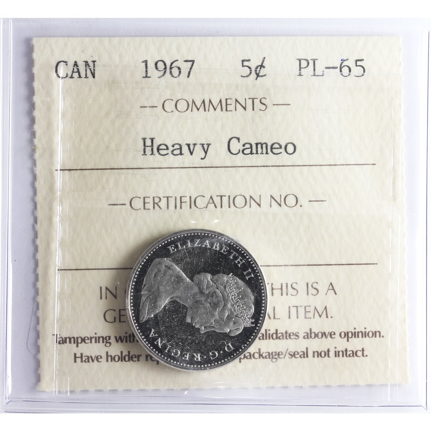 1967 Canada 5-cents ICCS Certified PL65 Heavy Cameo