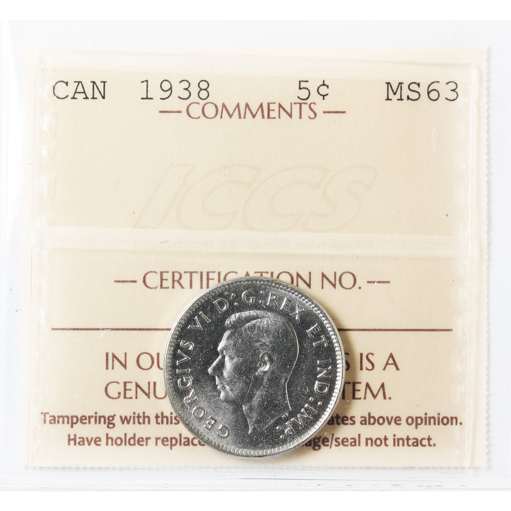 1938 Canada 5-cents ICCS Certified MS63
