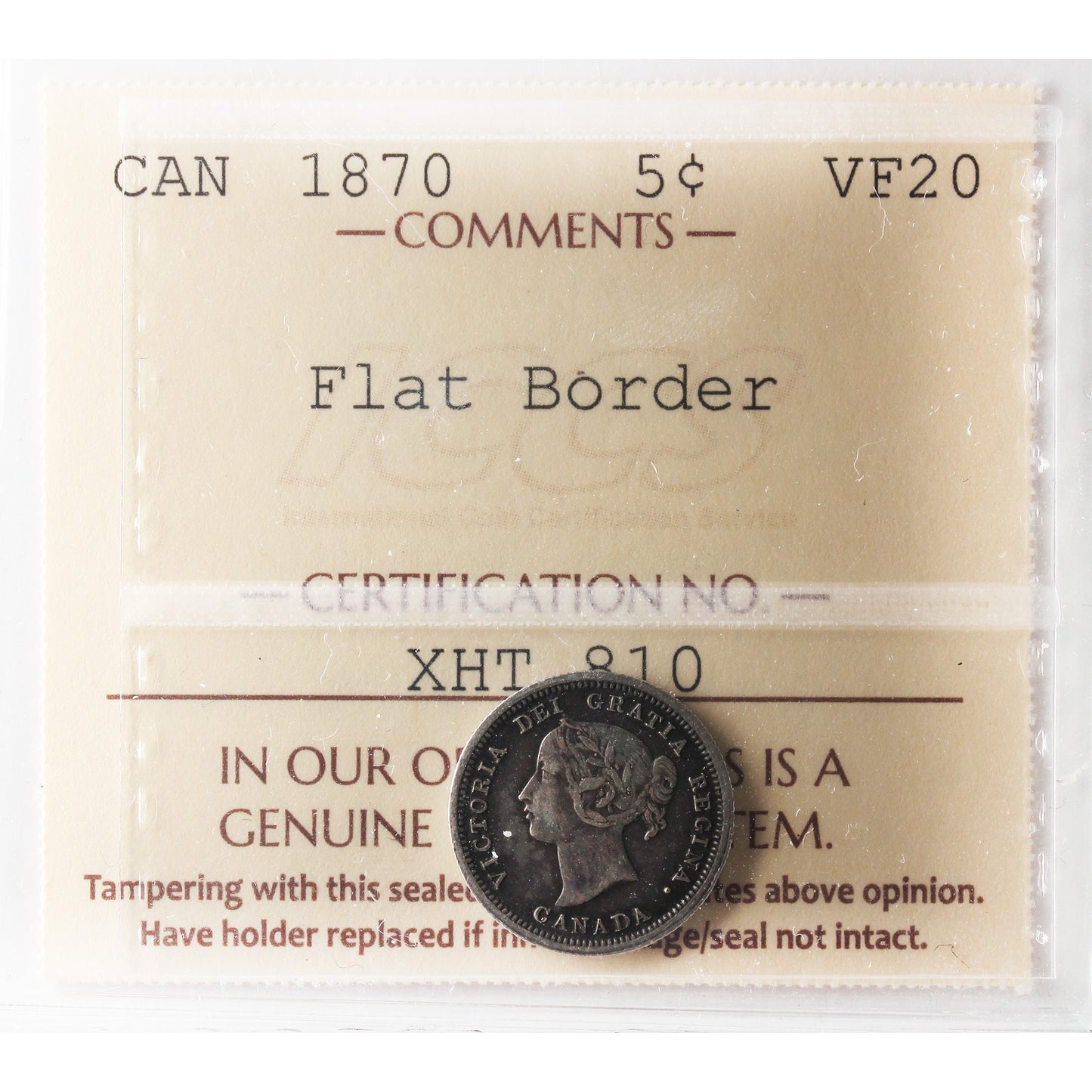 1870 Flat Border Canada 5-cents ICCS Certified VF20