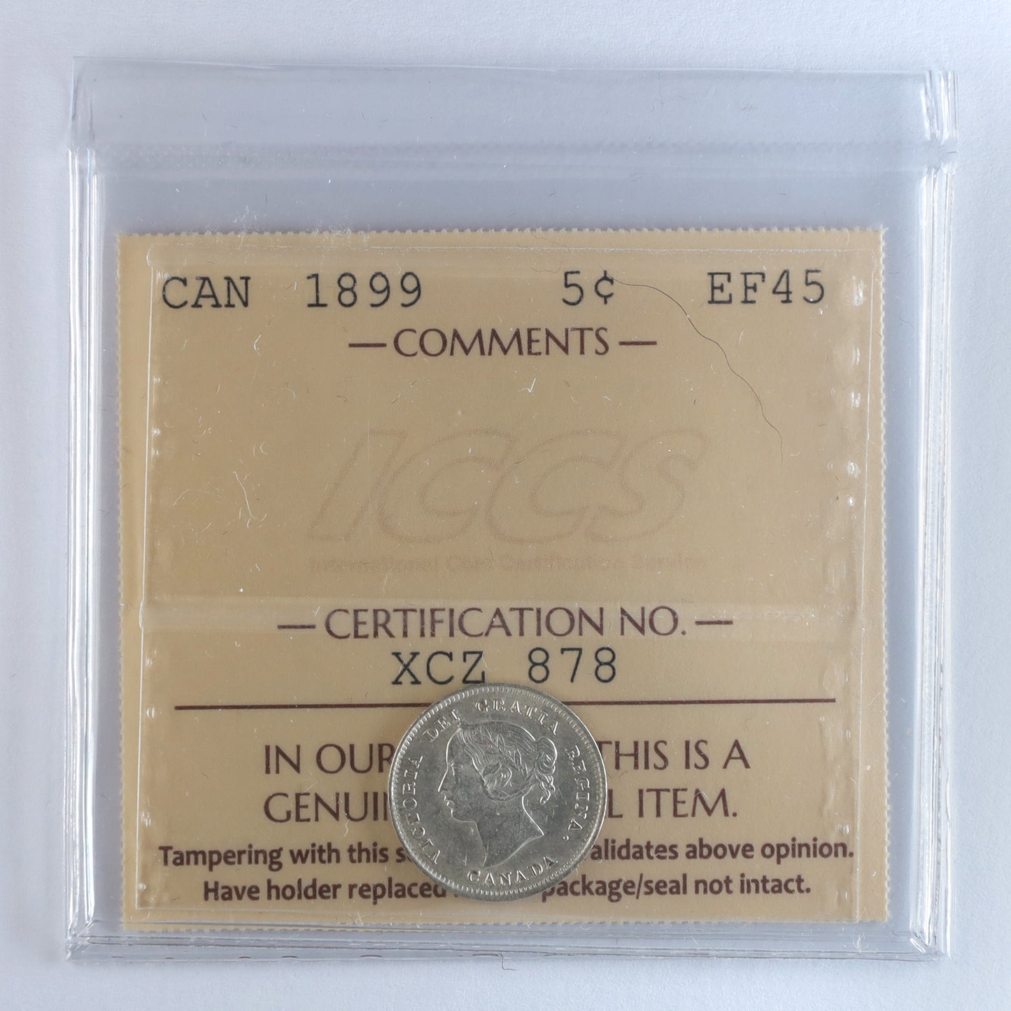 1899 Canada 5-cents ICCS Certified EF45