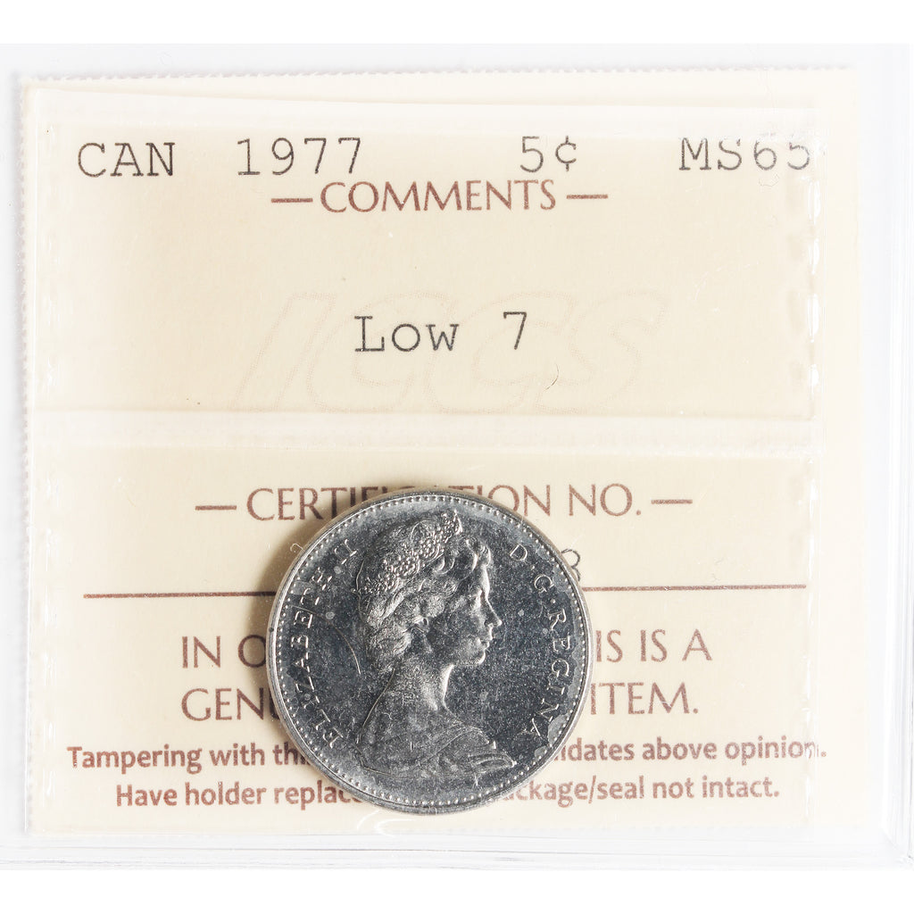 1977 Low 7 Canada 5-cents ICCS Certified MS65