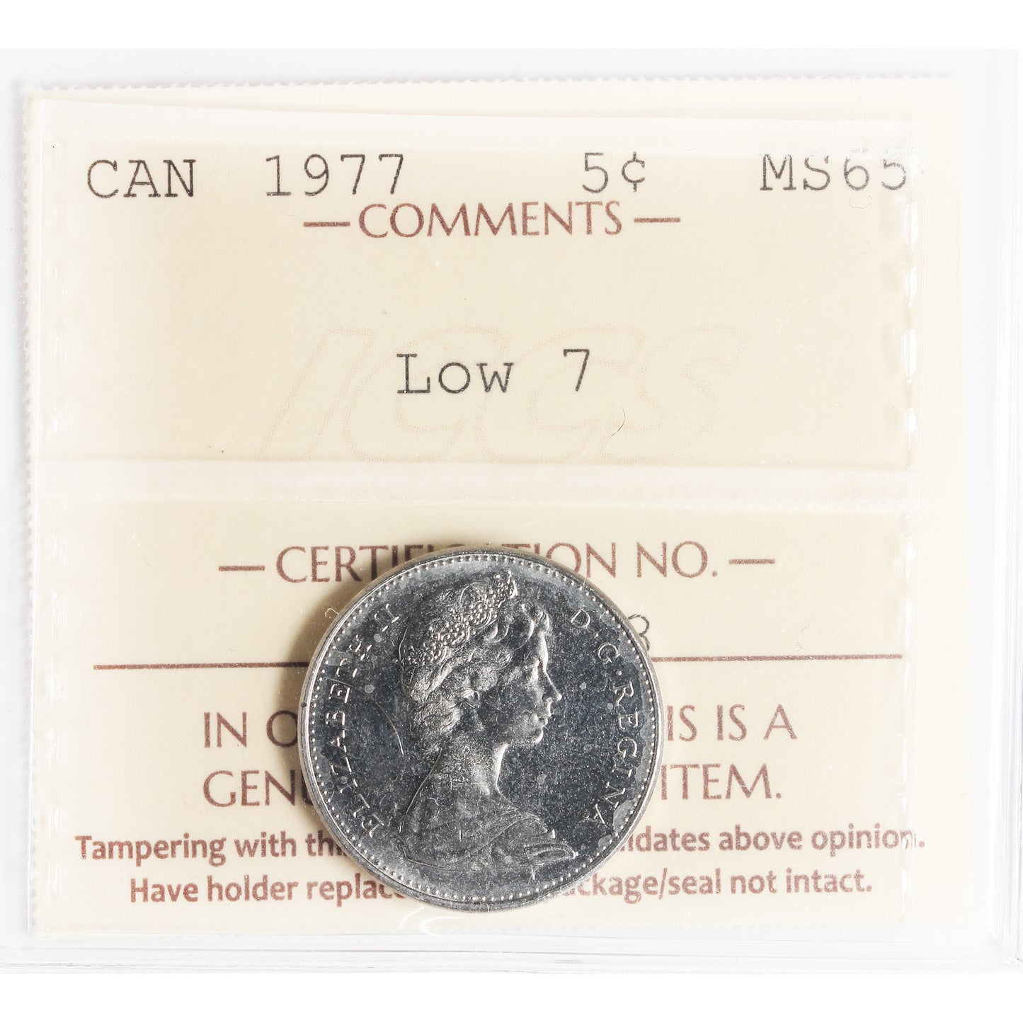 1977 Low 7 Canada 5-cents ICCS Certified MS65